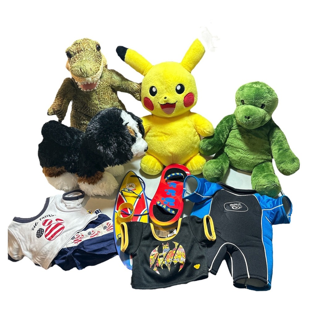 Build-A-Bear Plush Large Lot Kids‎ Pikachu T-Rex Turtle Dog Outfits Accessories
